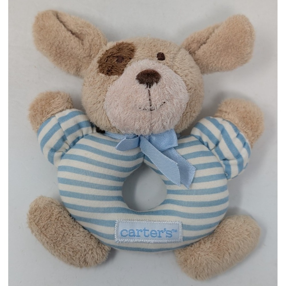 Carters Just One Year Baby Rattle Plush Puppy Dog Blue Stripe Ring Prestige Toy